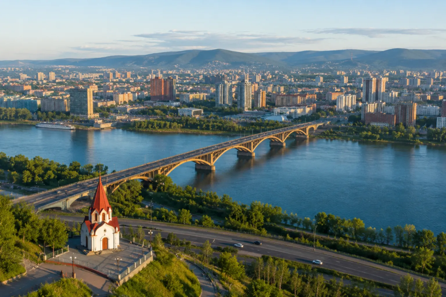Ремонт тренажеров в Красноярске на фоне городской панорамы и Енисея